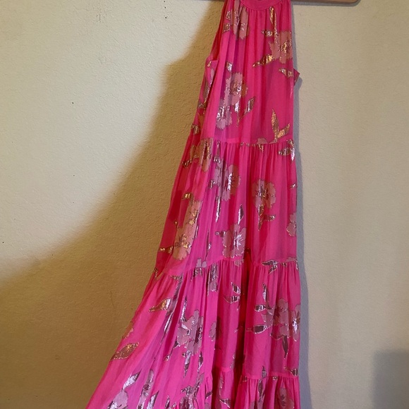 LILLY PULITZER Beccalyn Silk Blend Halter Tiered Metallic Pink Maxi Dress XXS - Picture 2 of 15